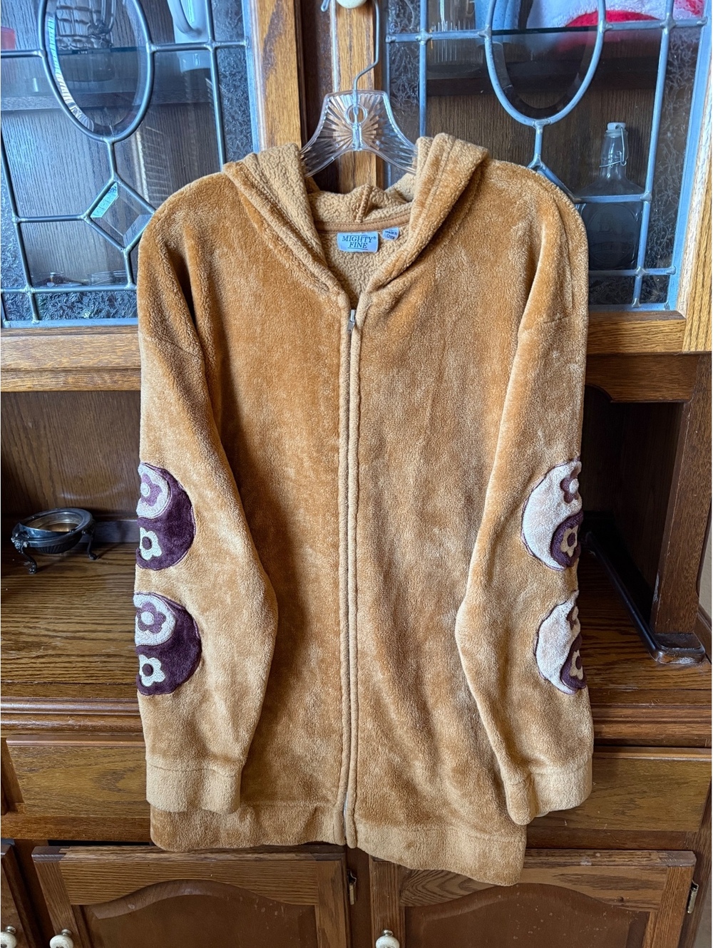 Mighty Fine Y2K Yin Yang Flower Fleece Zip Hoodie Sz XL Tan Cozy Sherpa